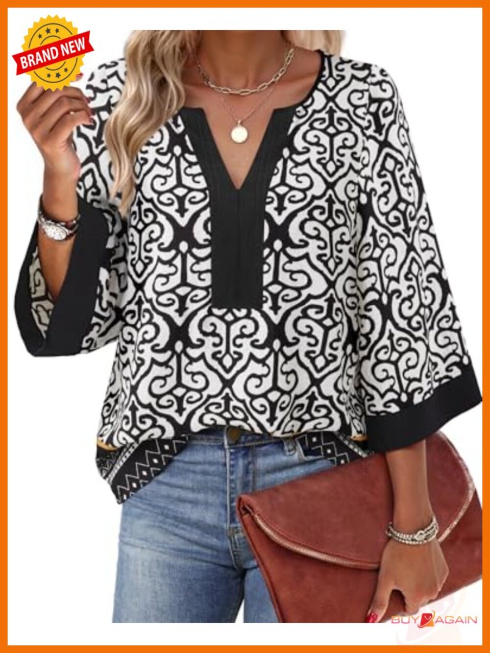 Womens Chiffon Floral Blouse 3/4 Sleeve V Neck Loose Tunic Top Office